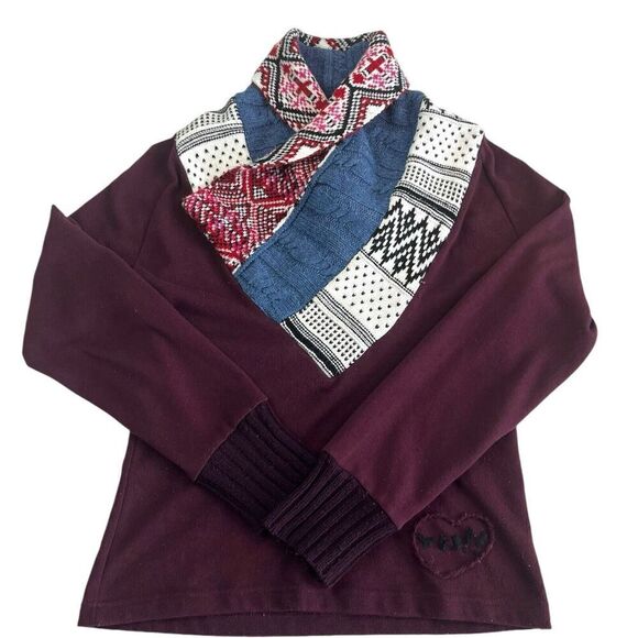 Desigual Patchwork Shawl Neck Pullover Sweater S Burgundy Cottagecore - Picture 14 of 16